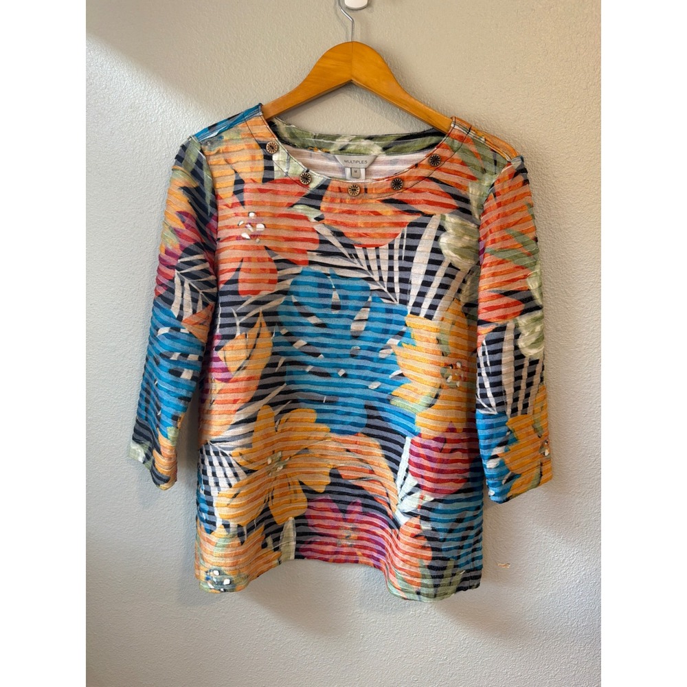 Multiples Tropical Floral Top Womens Medium 3/4‎ Sleeve Burnout Stripe Colorful